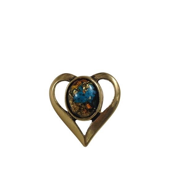 Vintage Lapel Pin Tie Tack Gold Flake Teal Tone Heart Pin Blue Goldstone Center - Picture 5 of 11